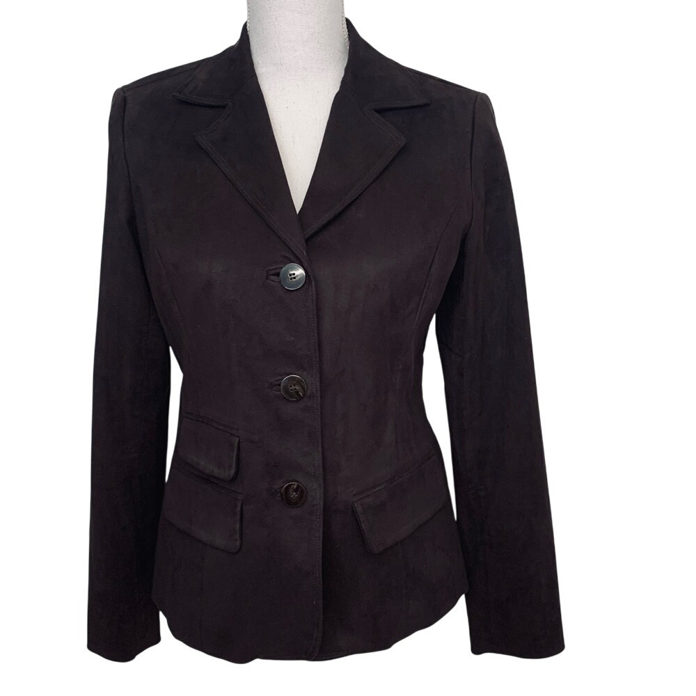 Liz Clairborn Brown Faux Suede Blazer Jacket Paisley Lined Sz 4 Pockets Work